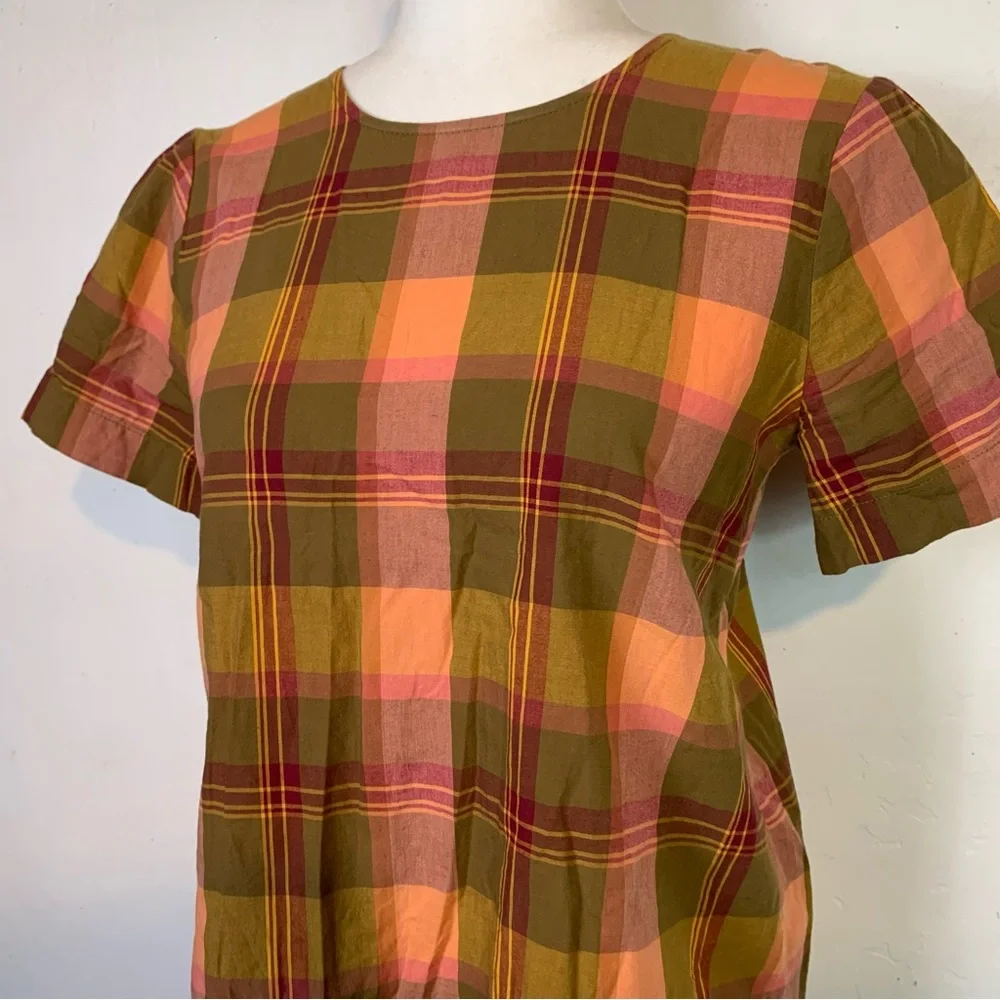 Madewell Size XXS Plaid Blouse Top Button Down Back Orange Red Short Sleeve - Picture 2 of 7